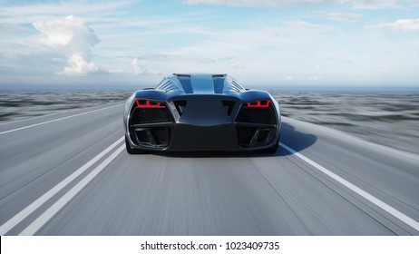 Black Futuristic Electric Car On Highway In Desert. Very Fast Driving. Concept Of Future. 3d Rendering.