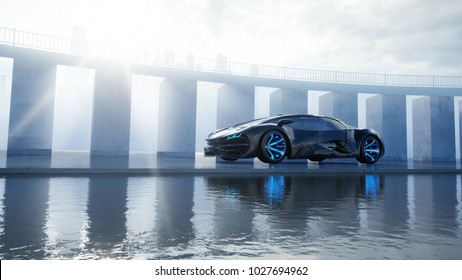 Black Futuristic Electric Car On Seafront. Urban Fog. Concept Of Future. 3d Rendering.