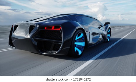 Black Futuristic Electric Car On Highway In Desert. Very Fast Driving. Concept Of Future. 3d Rendering.