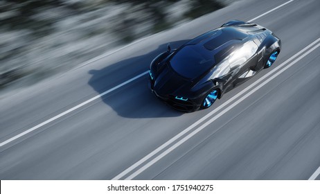 Black Futuristic Electric Car On Highway In Desert. Very Fast Driving. Concept Of Future. 3d Rendering.