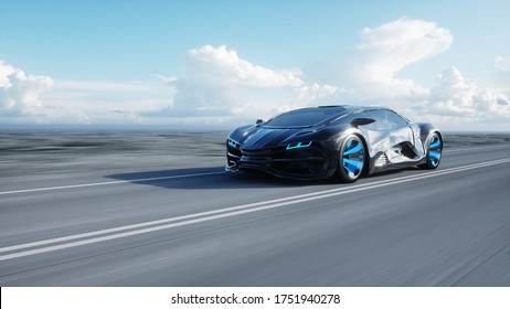 Black Futuristic Electric Car On Highway In Desert. Very Fast Driving. Concept Of Future. 3d Rendering.