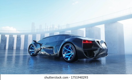 Black Futuristic Electric Car On Seafront. Urban Fog. Concept Of Future. 3d Rendering.