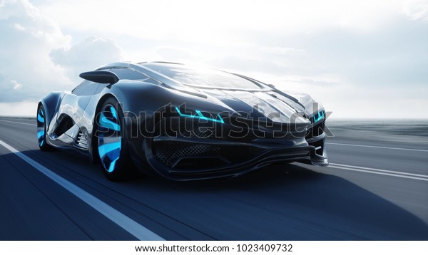 black futuristic\
electric car on highway in desert. Very fast driving. Concept of\
future. 3d\
rendering.