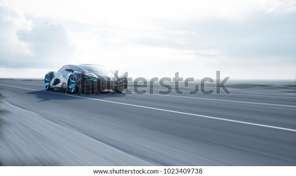 black futuristic
electric car on highway in desert. Very fast driving. Concept of
future. 3d
rendering.