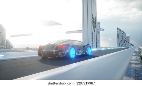 Black Futuristic Electric Car Very Fast Driving In Sci Fi Sity, Town. Concept Of Future. 3d Rendering.