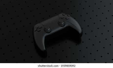 Black gamepad on a black background with pattern dots and holes. Gamepad for game console. Gamers and games concept. 3d rendering