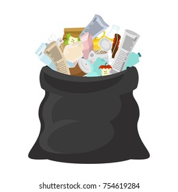 Black Garbage Bag Open. Sack Rubbish. Sackful Trash. Litter. Peel From Banana And Stub. Tin And Old Newspaper. Bone And Packaging. Crumpled Paper And Plastic Bottle