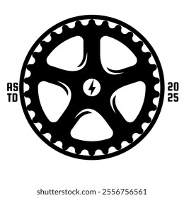 Black gear wheel vector illustration featuring a central lightning bolt symbol and bold text elements. Perfect for cycling brands, mechanical themes, and industrial design projects. - Powered by Shutterstock