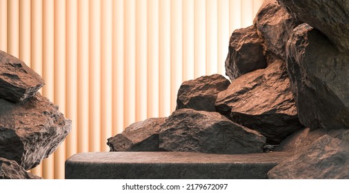 Black Geometric Stone And Rock Shape Background, Minimalist Mockup For Podium Display Or Showcase, 3d Rendering.