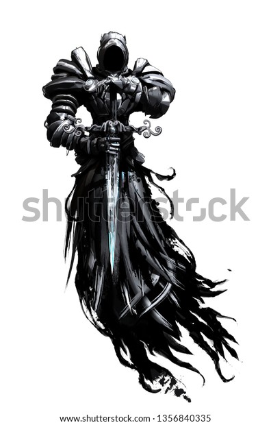 頭巾に黒い幽霊と黒い武具とギザギザの衣服を白い背景に手に剣を持つ のイラスト素材