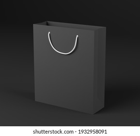 Black Gift Bag Made From Designer Paper With White Handles. Black Background. 3D Illustration