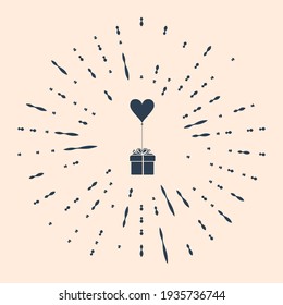 Black Gift With Balloon In Shape Of Heart Icon Isolated On Beige Background. Valentine's Day, Wedding, Birthday Card. Abstract Circle Random Dots
