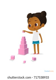 Black girl wearing T-shirt and blue shorts stands and builds tower using pink stacking cubes of different size. Visual identification of larger and smaller objects. illustration for banner