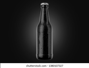 A Black Glass Beer Bottle Covered In Water Spritz And Condensation Droplets On An Isolated White Studio Background - 3D Render