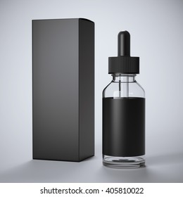 Black Glass Bottle With Label And Box On Gray Background. 3d Rendering