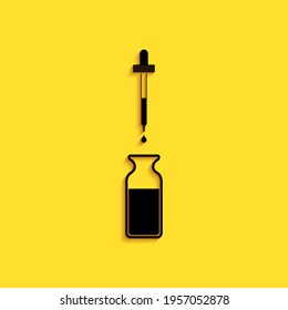 Black Glass Bottle With A Pipette. Vial With A Pipette Inside And Lid Icon Isolated On Yellow Background. Container For Medical And Cosmetic Product. Long Shadow Style.