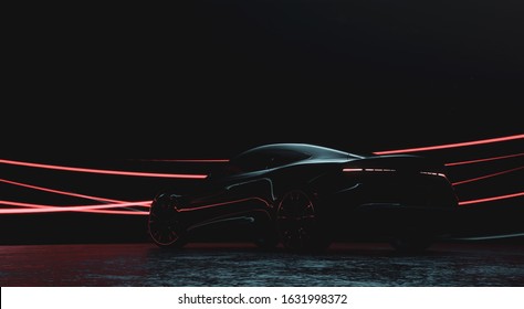 Black Glossy Car Silhouette, Rear View With Custom Tail Lights Design (with Grunge Overlay) - 3d Illustration