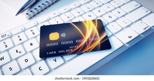 Black Glossy Credit Card Mock Up Lying On Computer Keyboard - 3D Illustration