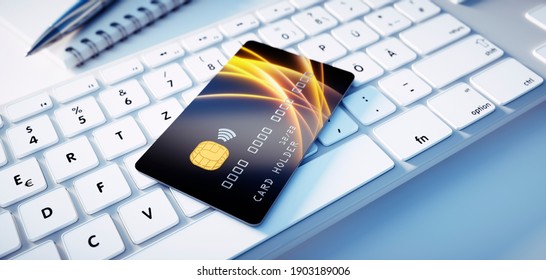 Black glossy credit card mock up lying on computer keyboard - 3D Illustration