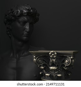 Black   gold background and David bust sculpture   antique column creative cosmetic for men background 3d rendering 