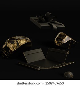 Black And Gold Gift Opening Gift Box And Stones On Black Background, Luxury Product Display Template, Black Friday Concept, 3d Illustration.