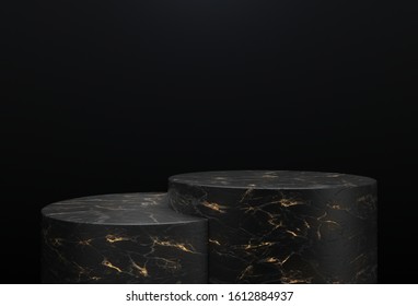 Black And Gold Marble Cylinder Shape Of Product Display, Podium, Pedestal, Stand, 3D Rendering.