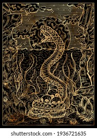 Black and gold marine illustration with scary snake, seascape and human skulls against full moon.  Nautical drawing card or poster, adventure concept, engraved background