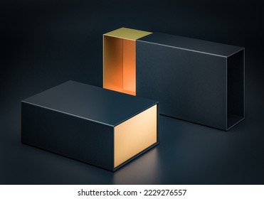 Black and gold Package luxury Cardboard Sliding drawer black Box for small items, matches, and other things. 3d render