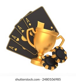 Black and gold poker-themed setup with a trophy, four aces, and poker chips, symbolizing victory and gambling. 3D render illustration - Powered by Shutterstock