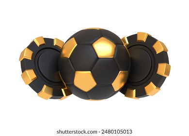 Black and gold soccer ball flanked by two matching poker chips, representing sports and gambling themes. 3D render illustration - Powered by Shutterstock