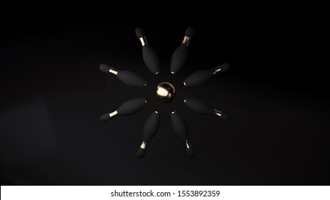 Black And Golden Bowling Pins And Ball On The Black Background - 3D Illustration