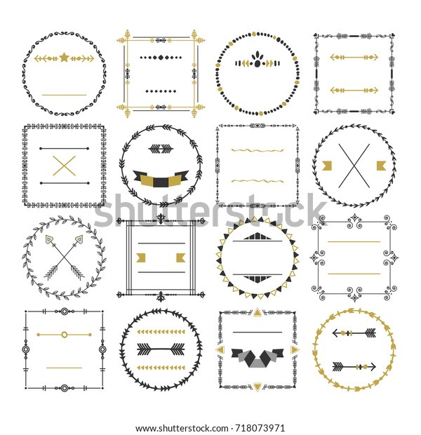 Black and golden empty circle and\
square border emblem design elements set on white\
background
