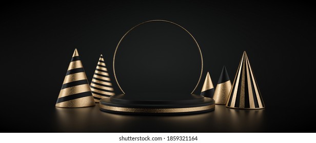 Black And Golden Pedestal  Stage  With Christmas Trees Isolated On The Black Background. Empty Space. Modern Minimal Christmas  Decoration. New Year Concept- 3D Illustration