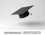 Black graduation hat floating in mid air on white background in minimalism and monochrome. 3D illustration of the concept of university graduates and tertiary education