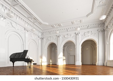 Black Grand Piano In White Church Interior 3d Render