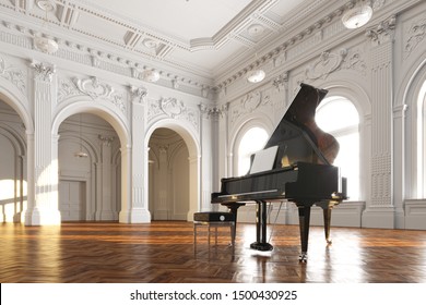 black grand piano in white classic room 3d render