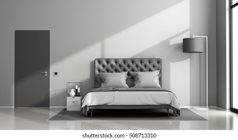 Black And Gray Master Bedroom With Elegant Double Bed And Closed Door - 3d Rendering