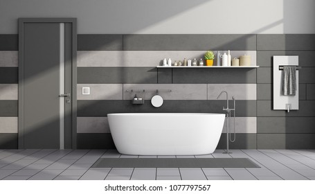 Black And Gray Modern Bathroom With Bathtub And Closed Door - 3d Rendering