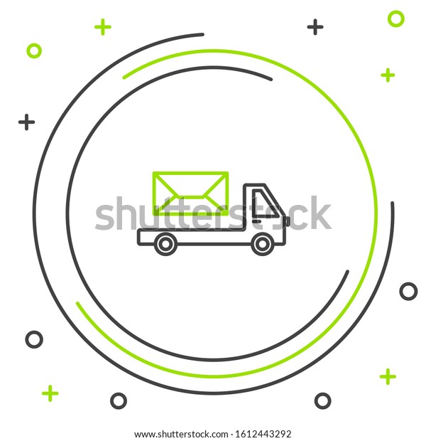 Black and green line Post truck icon\
isolated on white background. Mail car. Vehicle truck transport\
with envelope or letter. Colorful outline concept.\
