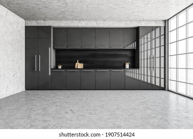 Black And Grey Minimalist Kitchen Set Empty Room, Appliances And Stove, Windows With City View. Dark Luxury Kitchen On Marble Floor, 3D Rendering No People