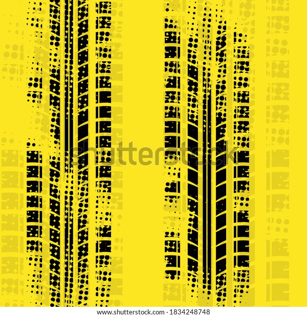 Black grunge tire track silhouette with\
halftones isolated on yellow\
background
