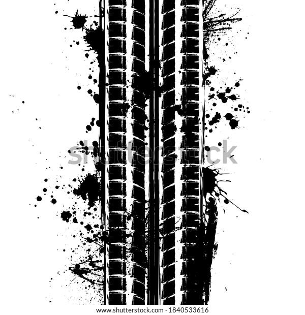 Black grunge tire track silhouette with ink\
blots splashes