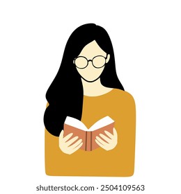 Black haired girl with glasses reading a book. Smart Girl. Education Icon. Nerd Girl - Powered by Shutterstock