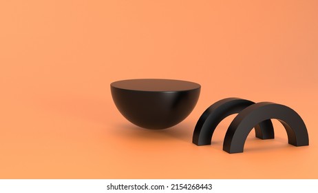 Black Half Sphere Podium Orange Background 3d Rendering Semicircular Product Display Circle