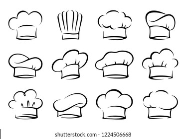 Black Hand Drawn Isolated Chef Hat Set On White Background