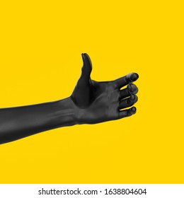 Black Hand Gesture Holding Something Like A Bottle Or Smartphone Isolated On Yellow Backgrounds, 3d Rendering