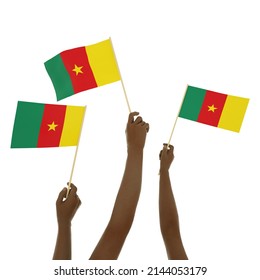 Black Hand Holding Cameroonian Flag, Hand Lifting Flag, Hand Raising Flag, 3d Rendering Of Set Of Hands Holding Flag Isolated On Background
