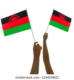 Black Hand Holding Malawi Flag, Hand Lifting Flag, Hand Raising Flag, 3d Rendering Of Hands Holding Flag Isolated On Background