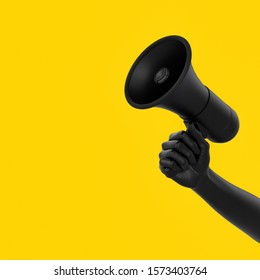 Black hand holding Megaphone on yellow background. Isolated loudspeaker announcement and communication creative banner concept. 3d rendering.