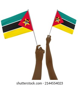 Black Hand Holding Mozambique Flag, Hand Lifting Flag, Hand Raising Flag, 3d Rendering Of Hands Holding Flag Isolated On Background